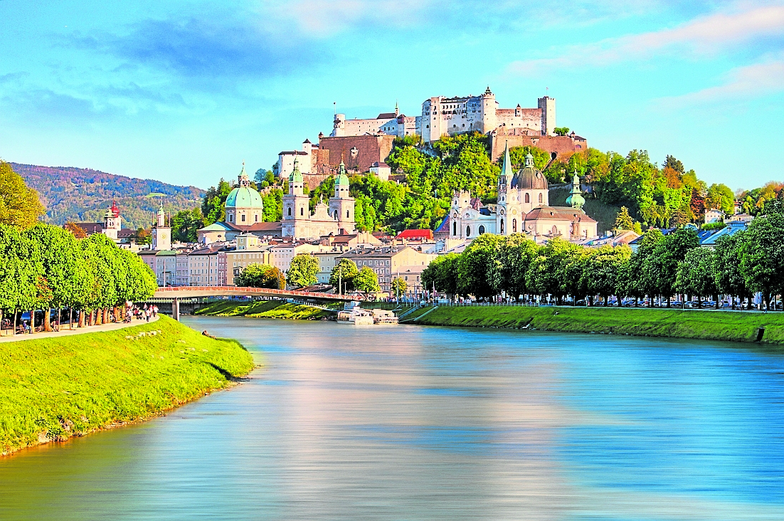 Panoramic view of Salzburg skyline with Festung Hohensalzburg an